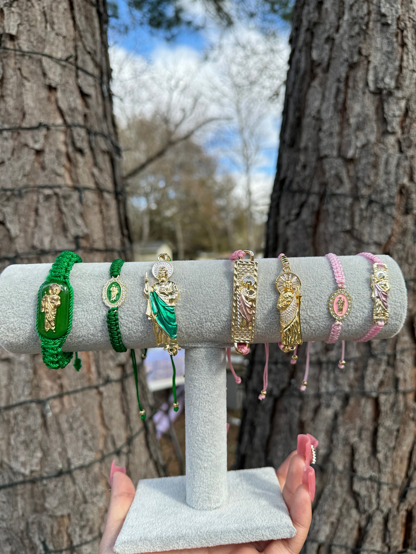 Iced San Judas Pink Thread Bracelet