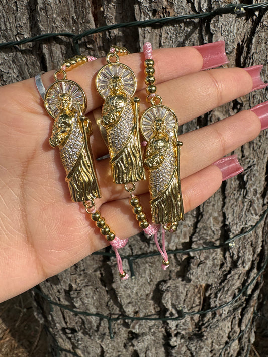 Iced San Judas Pink Thread Bracelet