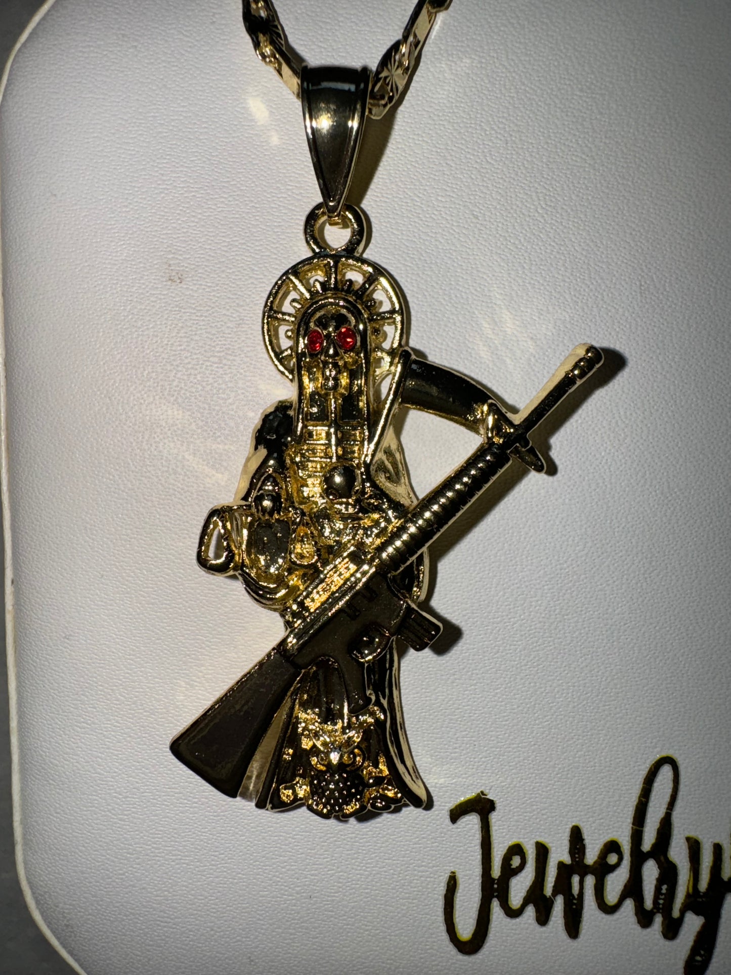 Plain Gold Santa Muerte Rifle Necklace