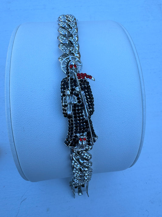 Black Silver Santa Muerte Iced Out Esclava