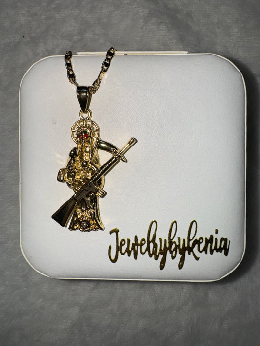 Plain Gold Santa Muerte Rifle Necklace
