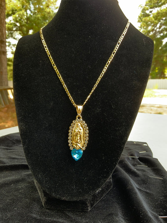 Blue Heart Virgencita Oval Necklace
