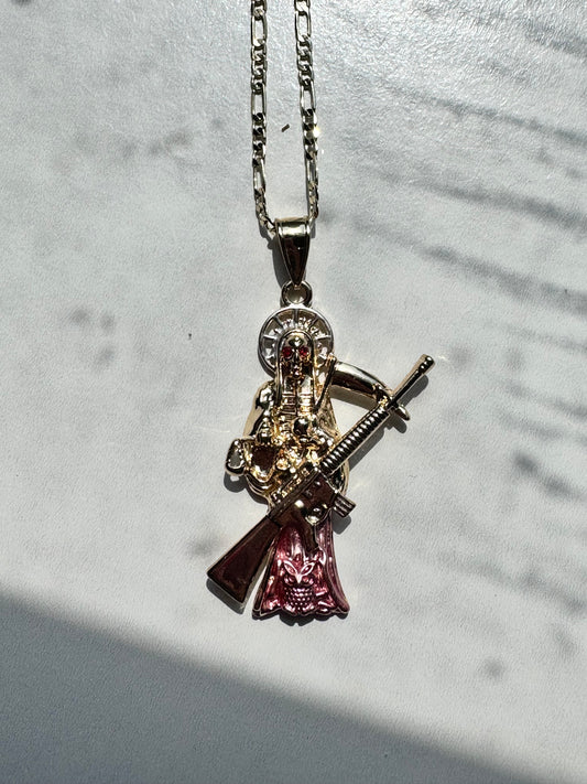 Plain Rose Gold Santa Muerte Rifle Necklace