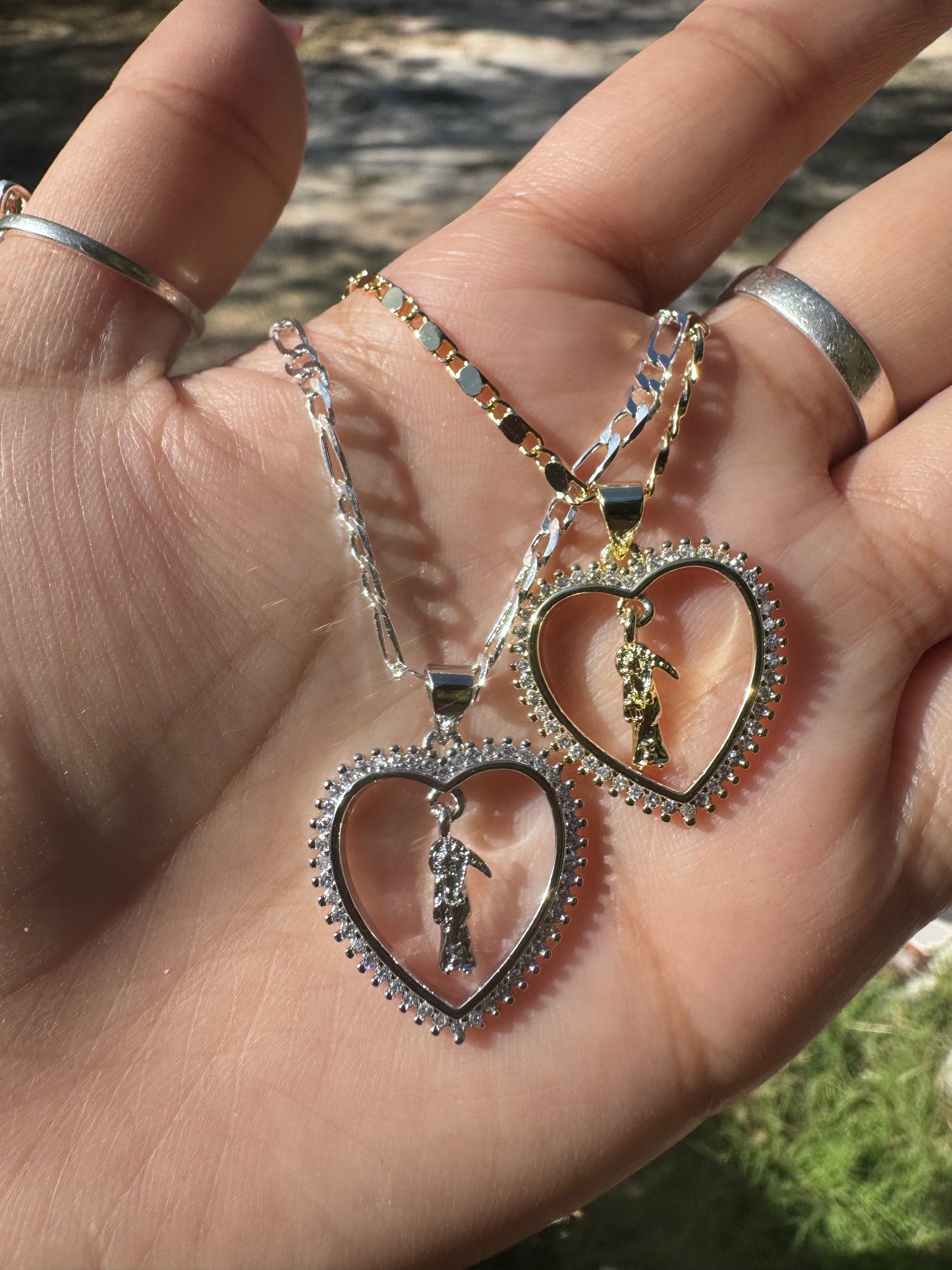 Small Dangling Santa Muerte Heart Necklace