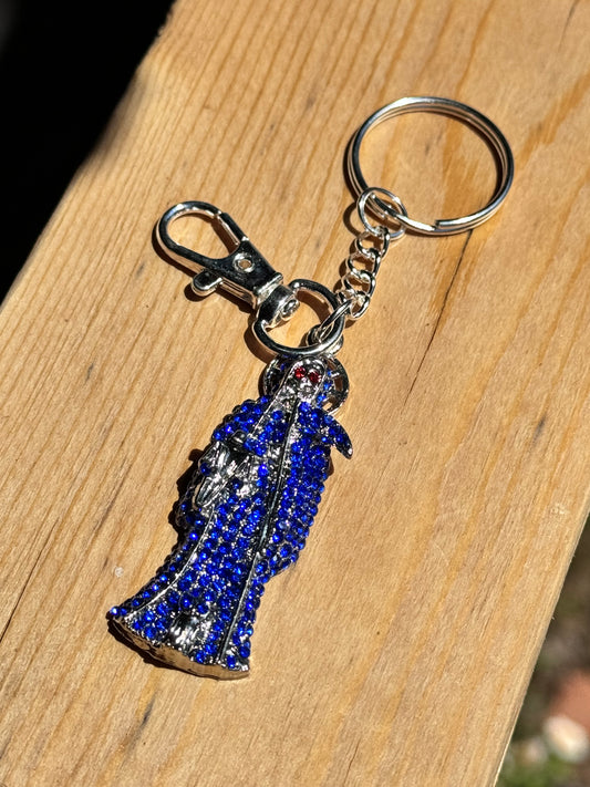 Santa Muerte Blue Silver Statue Keychain
