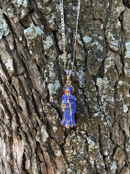 Silver Blue Santa Muerte Necklace