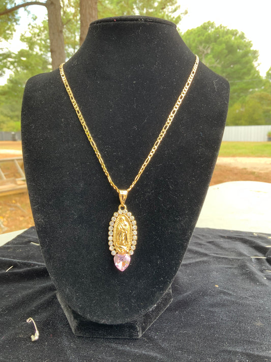 Pink Heart Virgencita Oval Necklace