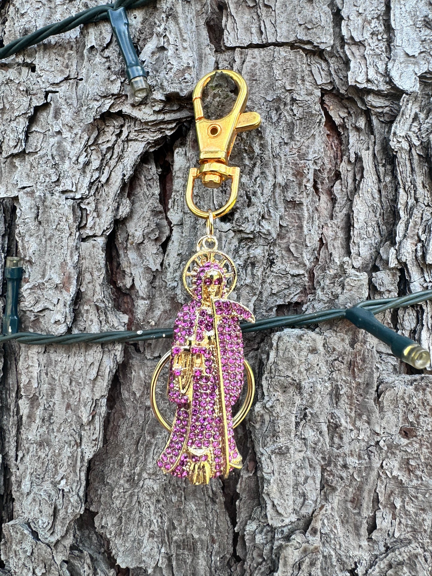 Santa Muerte Purplish Pink Keychain