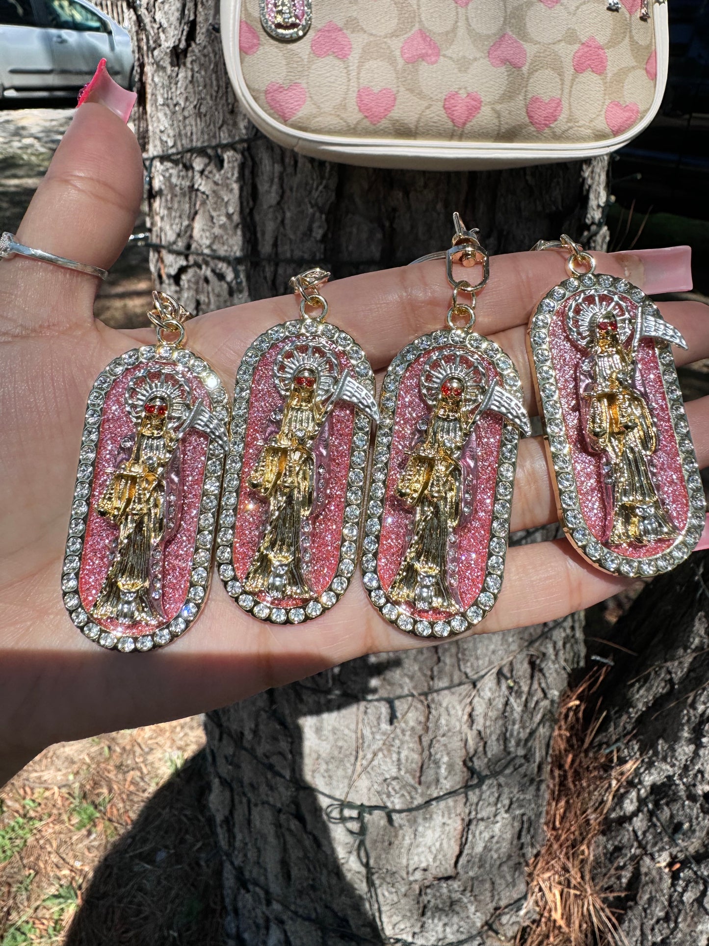 Santa Muerte Pink Tag Keychain