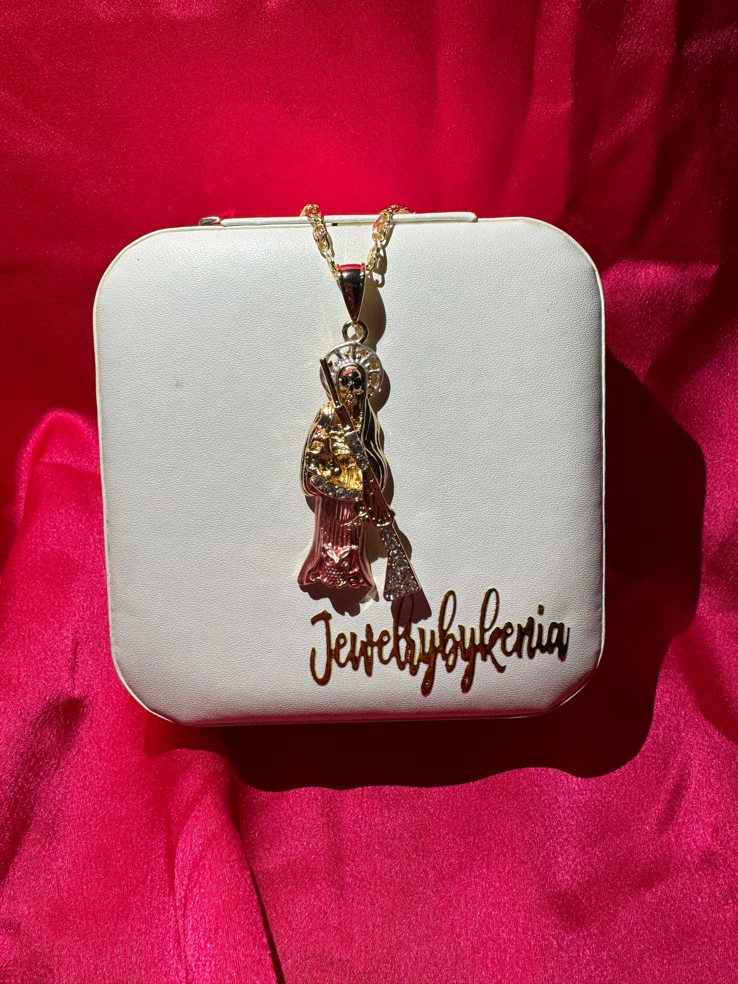 Rose Gold Santa Muerte Rifle Necklace