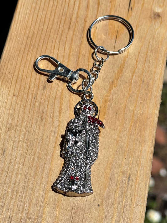 Santa Muerte Silver Statue Keychain