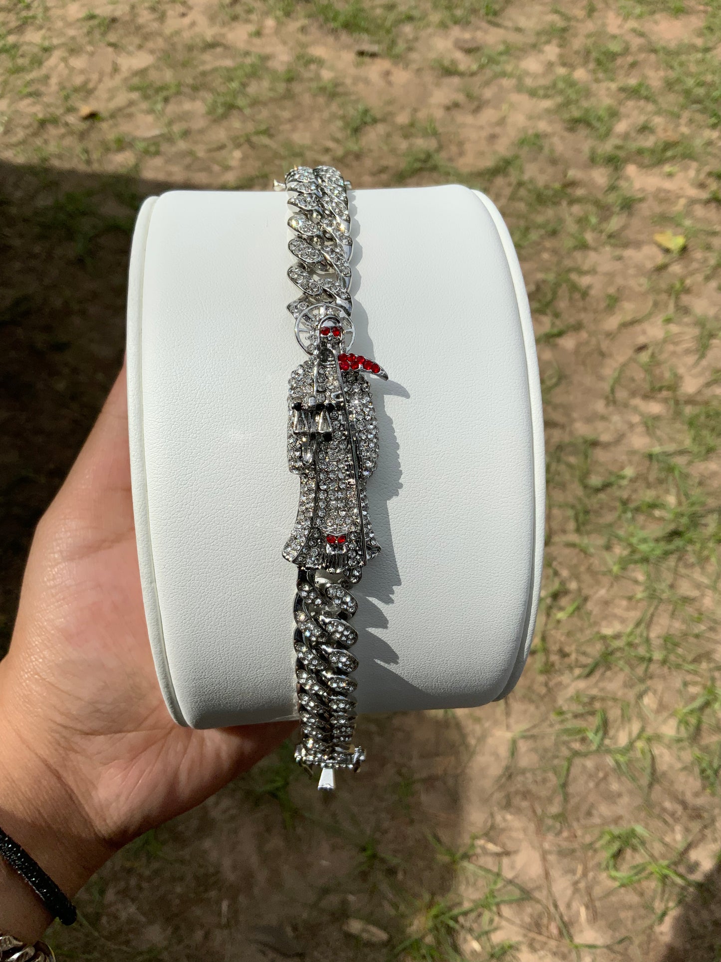 Silver Santa Muerte Iced Out Esclava