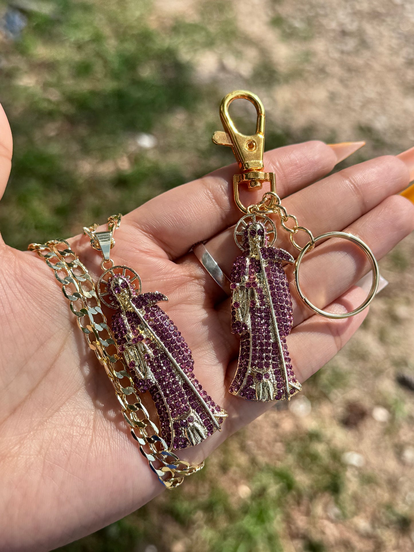 Santa Muerte Purplish Pink Keychain