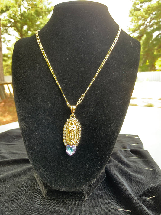 Purple-blue Heart Virgencita Oval Necklace