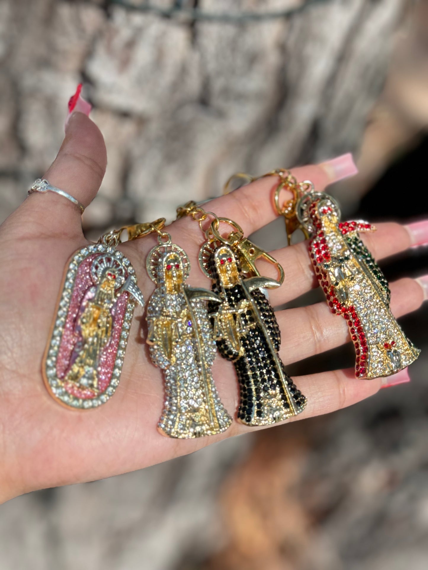 Santa Muerte Pink Tag Keychain