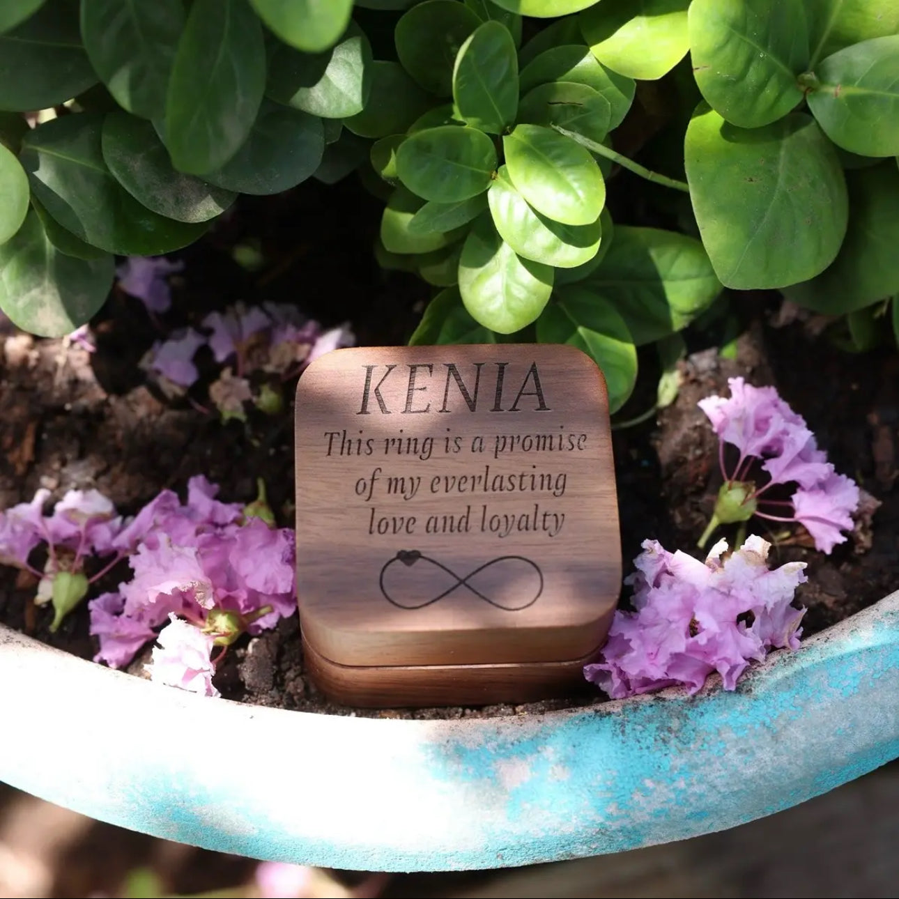 Princess Heart Promise Ring with custom Name in Wood Box