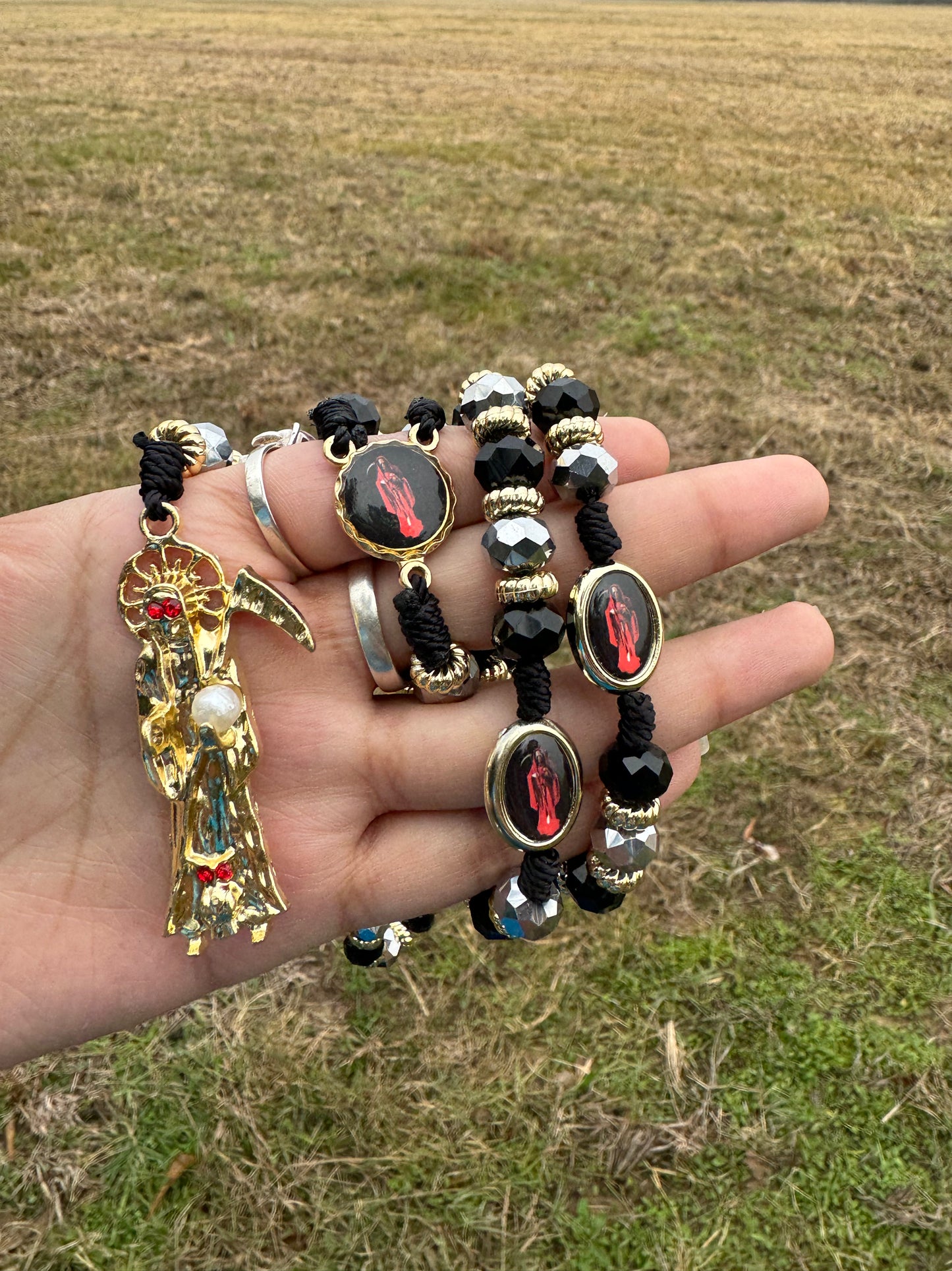 Santa Muerte Black with Silver Rosary