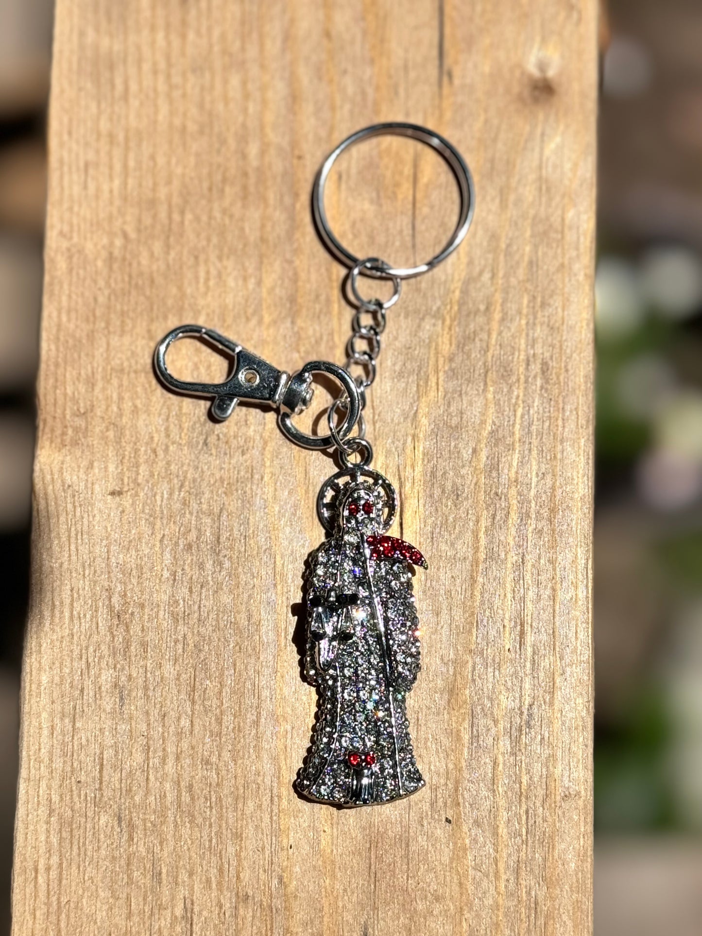 Santa Muerte Silver Statue Keychain