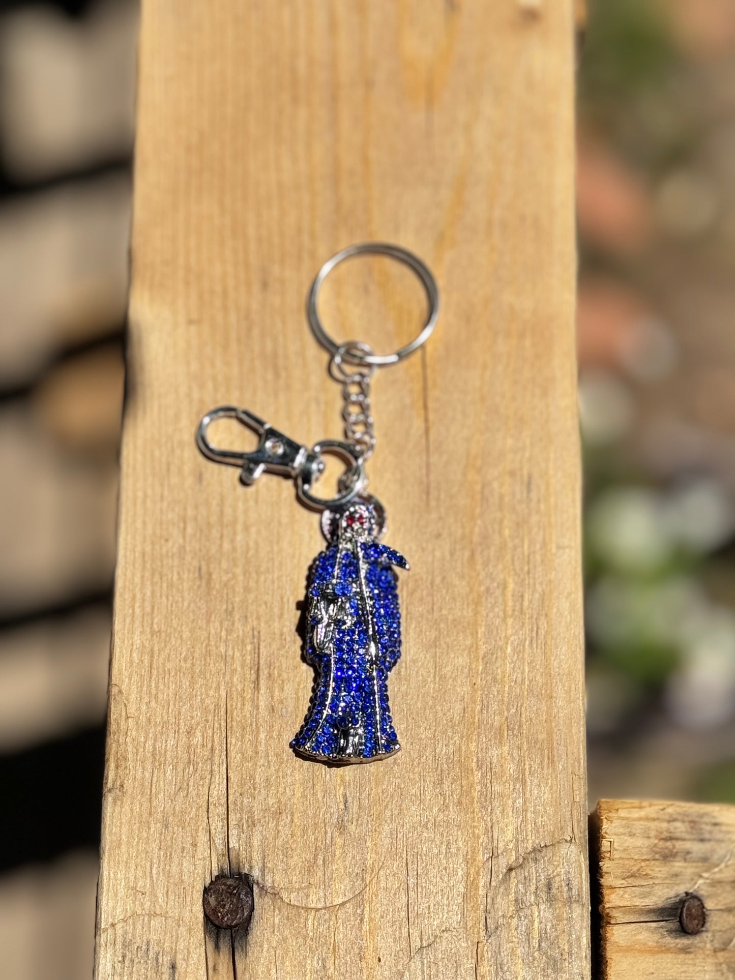 Santa Muerte Blue Silver Statue Keychain