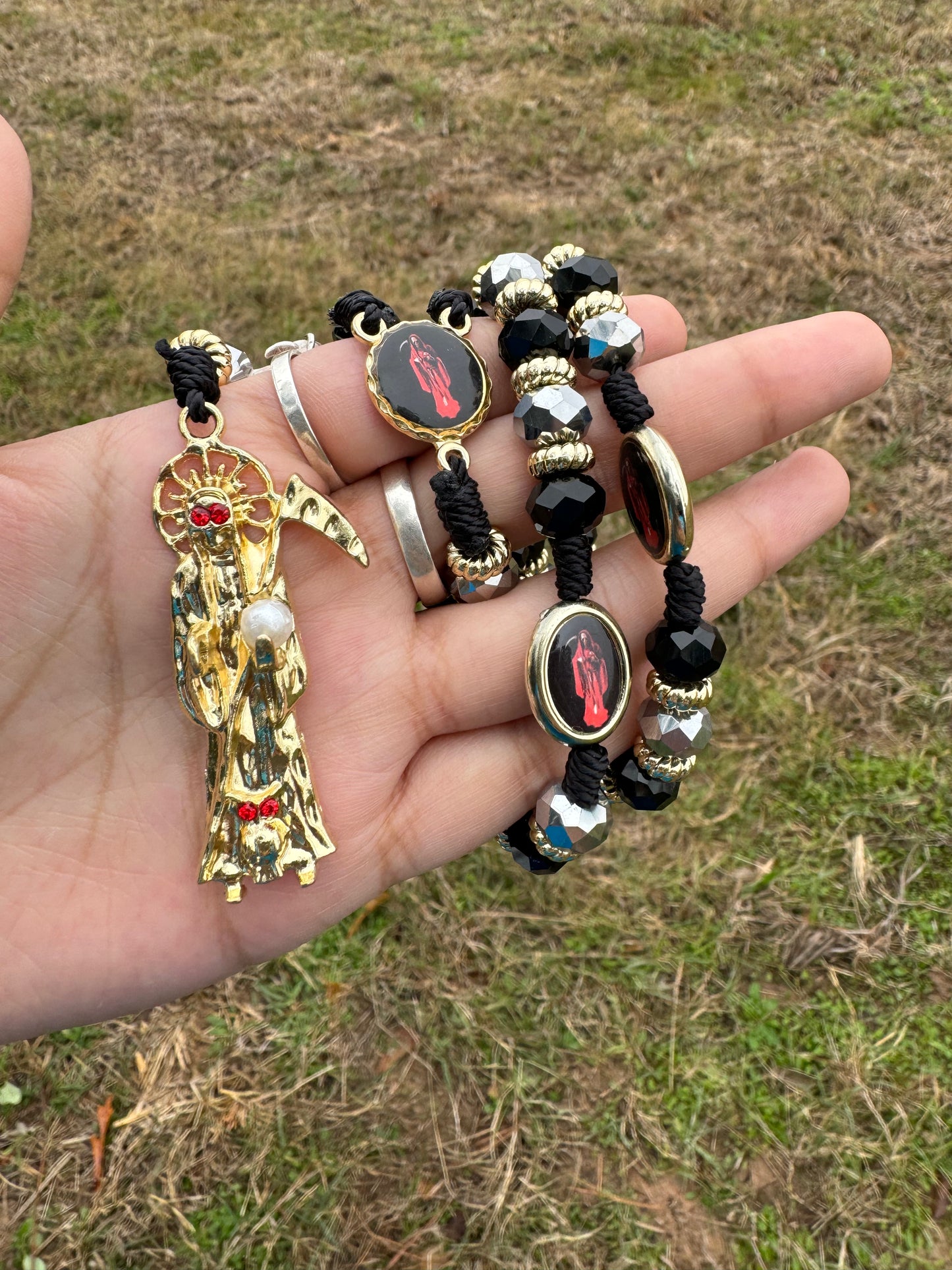 Santa Muerte Black with Silver Rosary