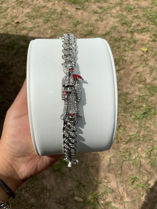 Silver Santa Muerte Iced Out Esclava