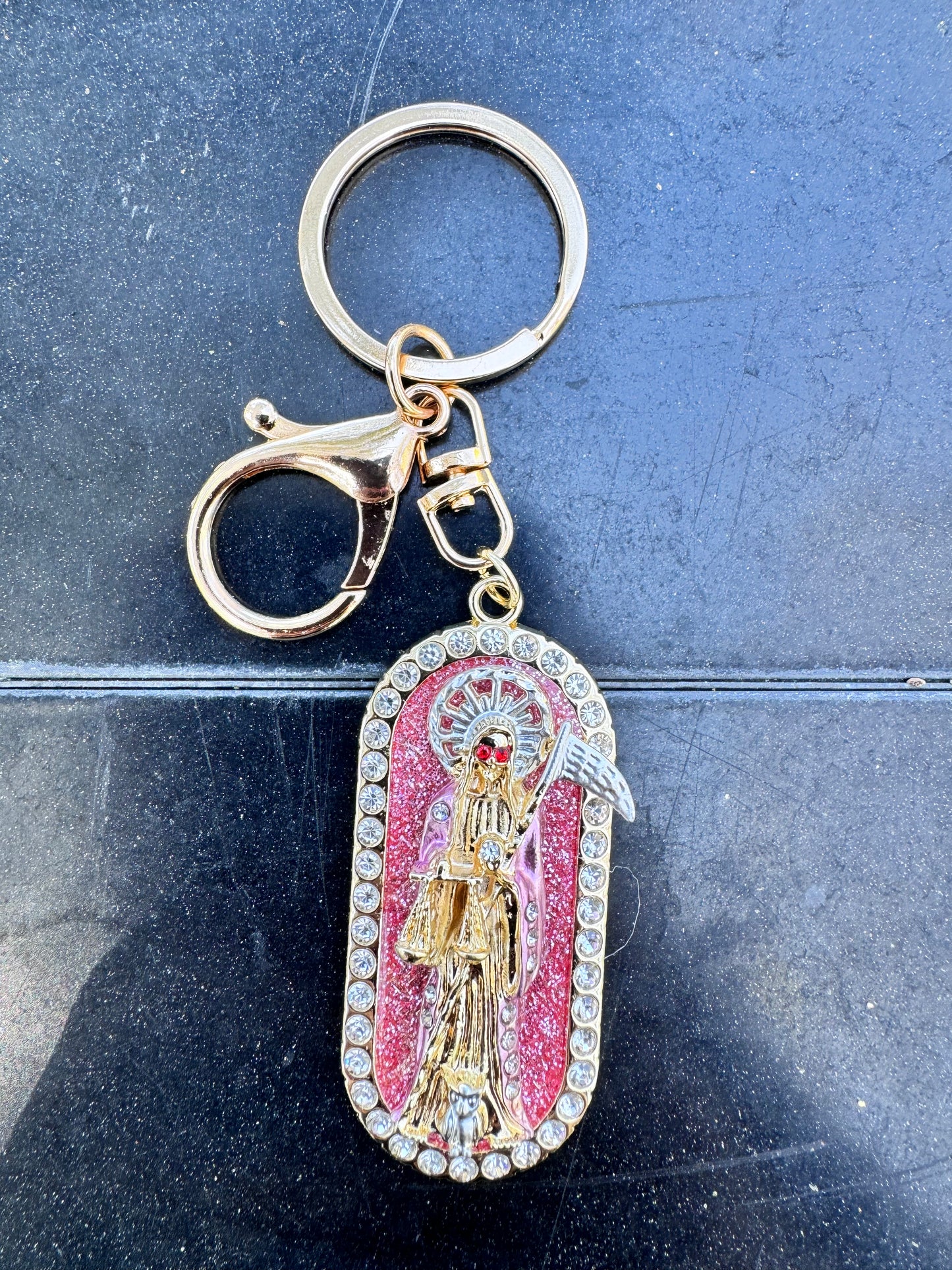 Santa Muerte Pink Tag Keychain
