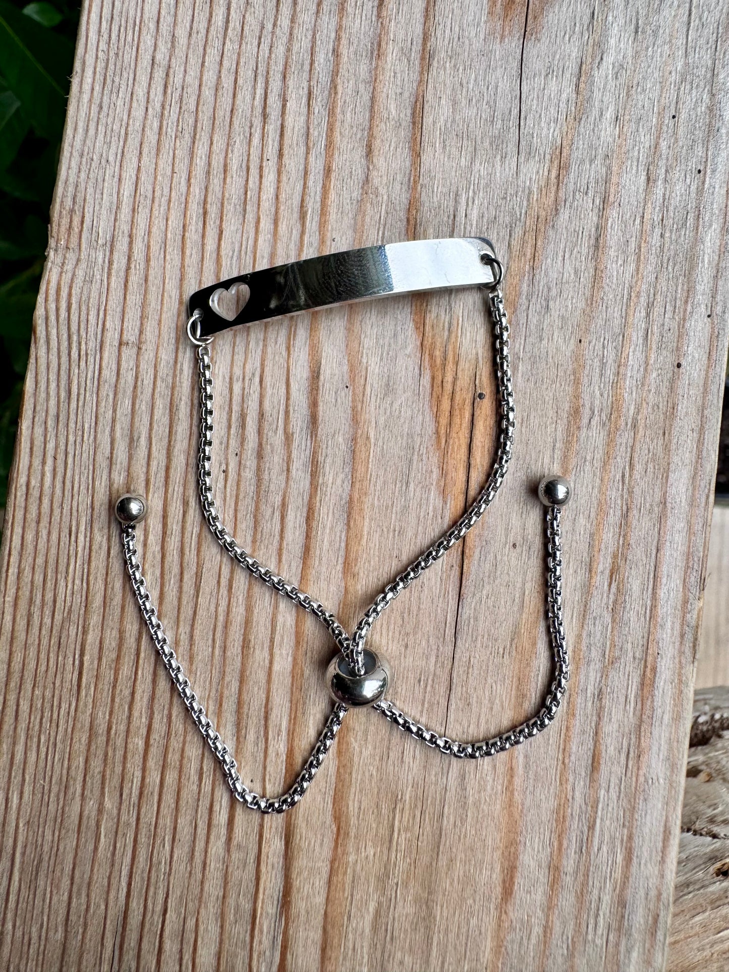 Heart ID Plate Silver Adjustable Personalized Bracelet