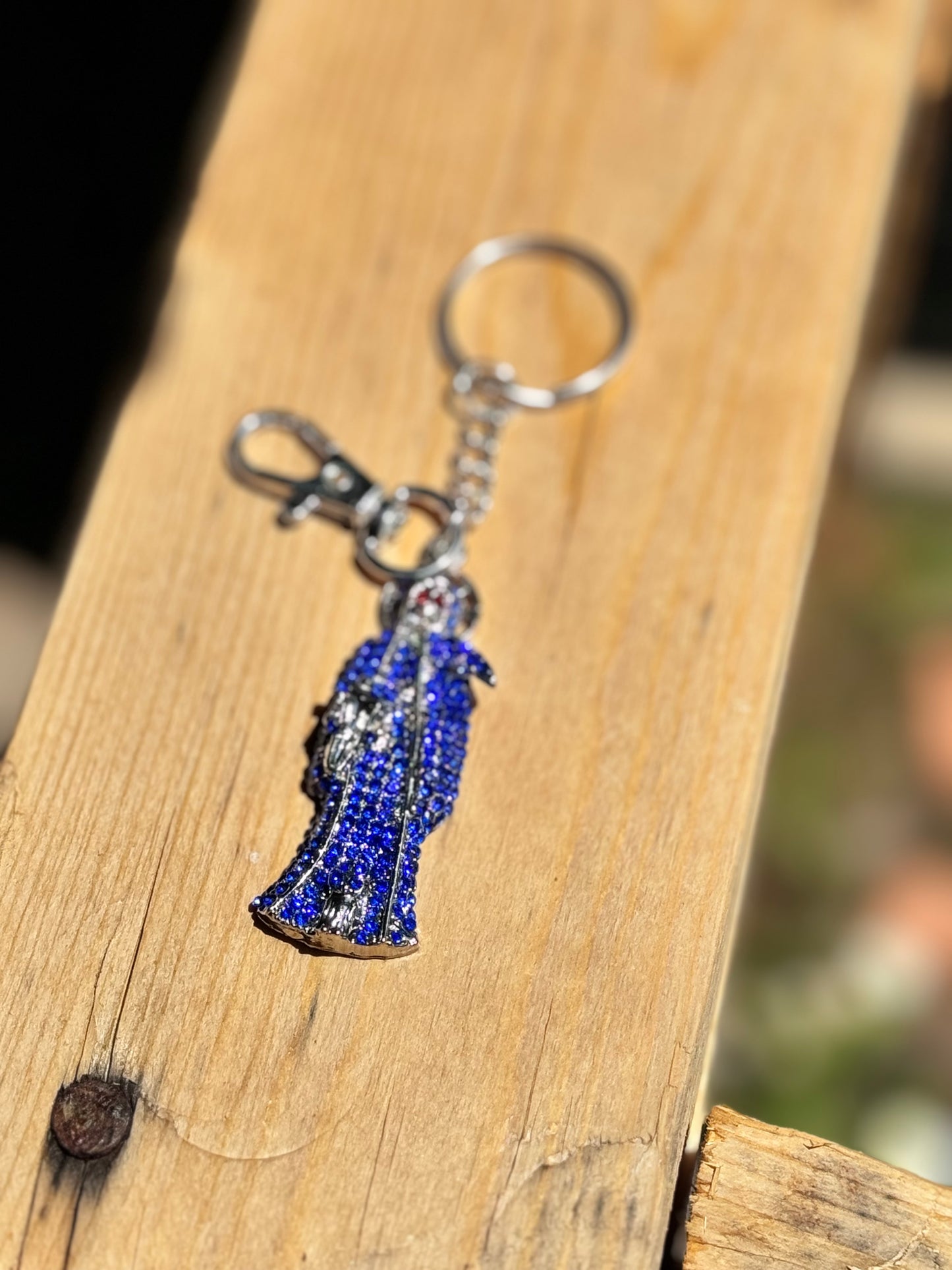 Santa Muerte Blue Silver Statue Keychain